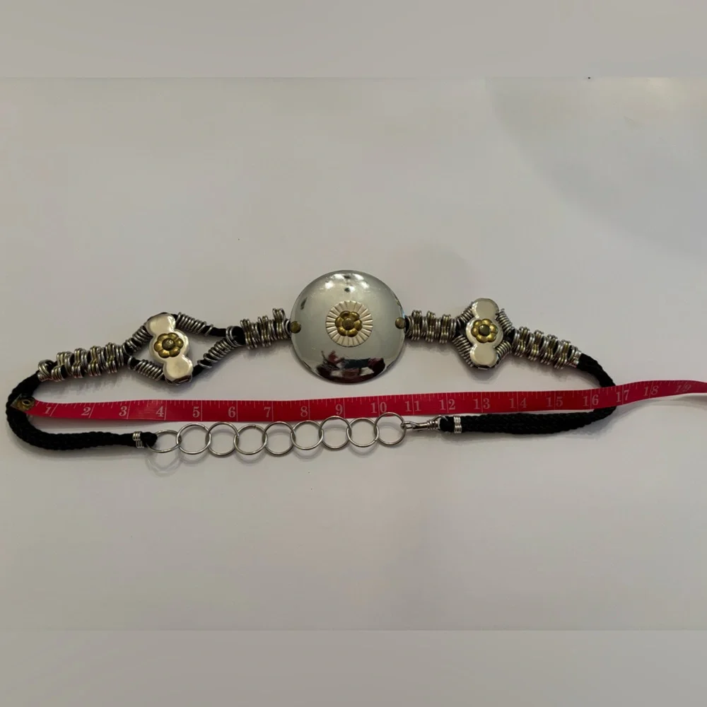 VTG 80's Black Rope Artisan Belt Two Tone Metal Discs Floral Accents
